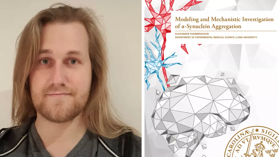 Collge showing Alexander Svanbergsson to the left and his thesis cover on the right. 