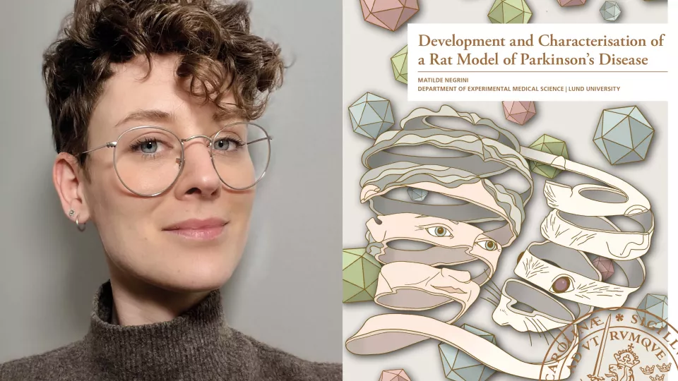 Matilde Negrini next to her thesis. Photo collage. 
