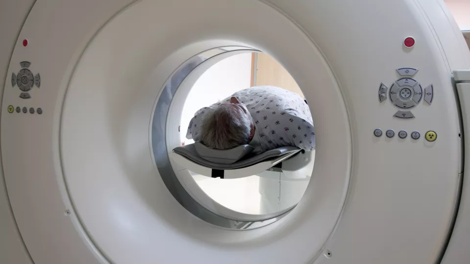 A patient inside a brain scan machine. Photo. 