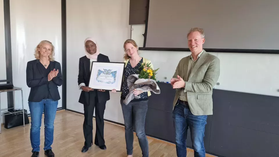 Photo of Maria Björkqvist, Njainday Jobe, the Prize recipent Laura Wisse, Anders Rasmussen.