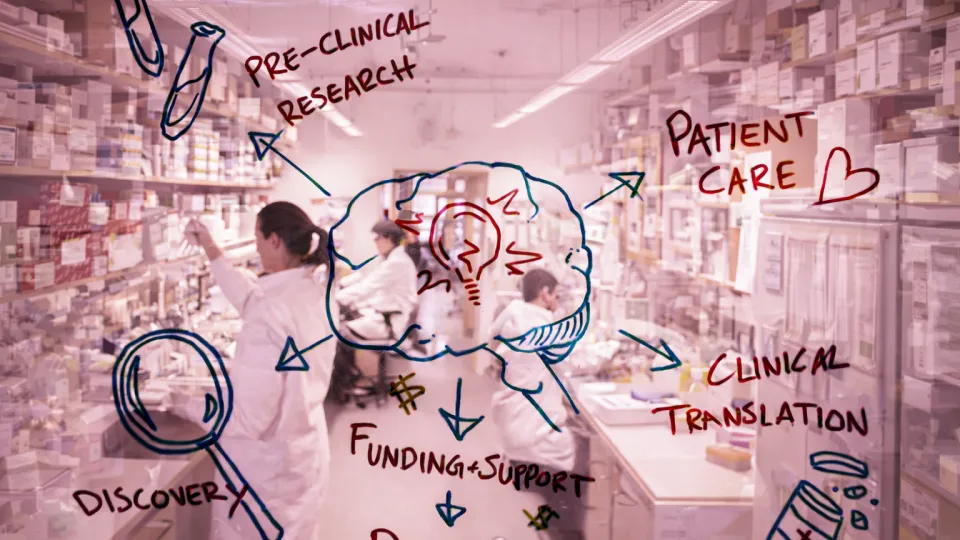 A mindmap of neuroscience innovation with people working in the lab in the background. Photo. 