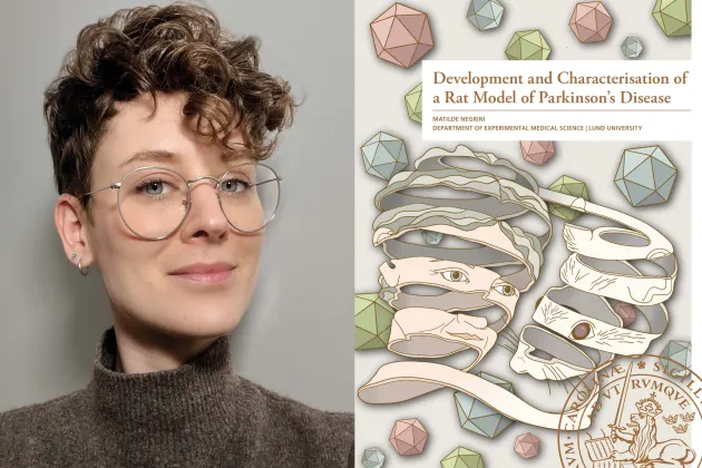 Matilde Negrini next to her thesis. Photo collage. 