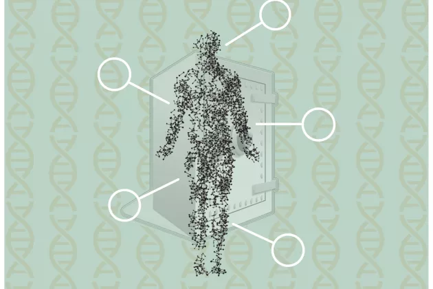 A human surrounded by DNA. Illustration. 