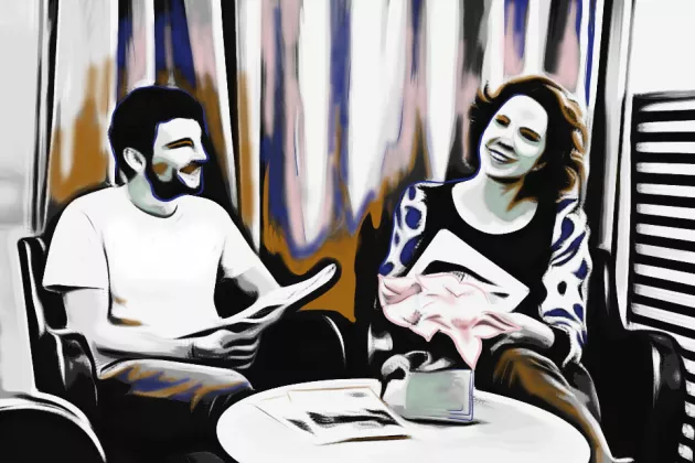Lluis and Emma sitting and discussing. Illustration. 
