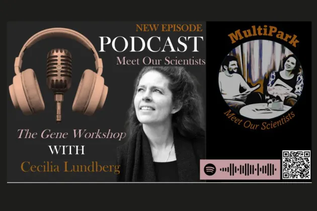 Cecilia Lundberg next to headphones and the podcast production team. Collage.
