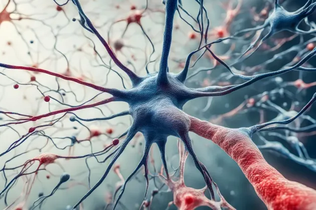 A dendrite leading to a neuron. Illustration.