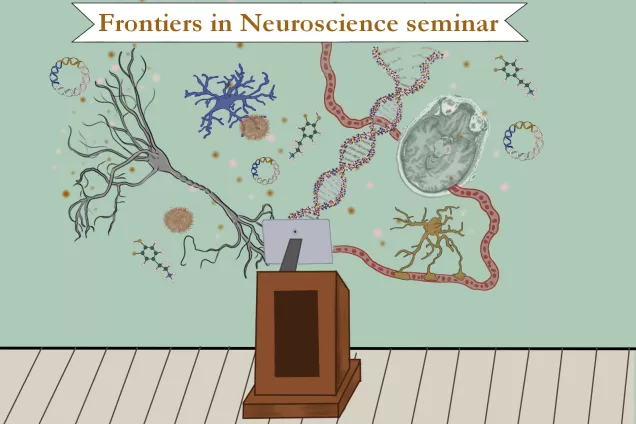 A lecture with a computer filled with molecules and brain details. Illustration.