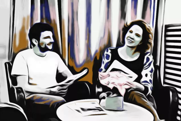 Two persons around a table. Illustration.