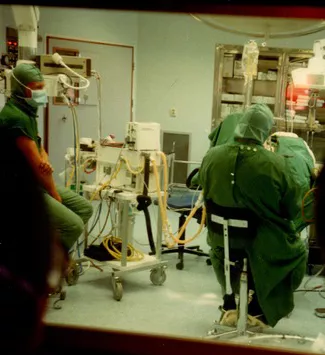 Transplantation surgery room in the late 1980s. Photo. 