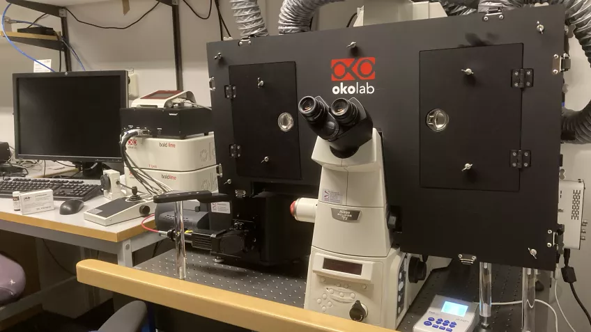 Inverted microscope with a black enclosure and a computer screen to the left of the system.