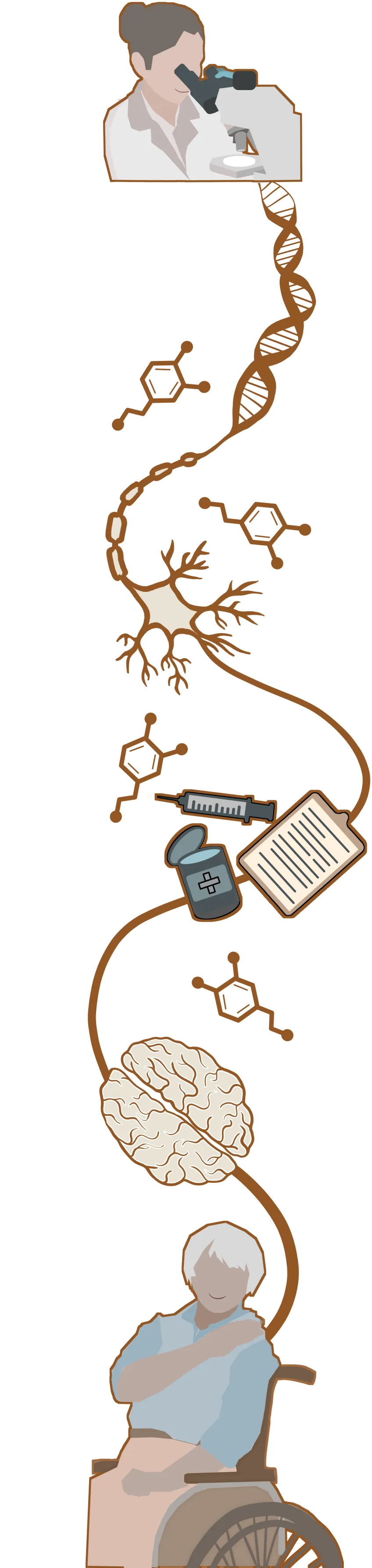 A woman looking into a chain in a microscope, ending at a patient in a wheel chair. Illustration