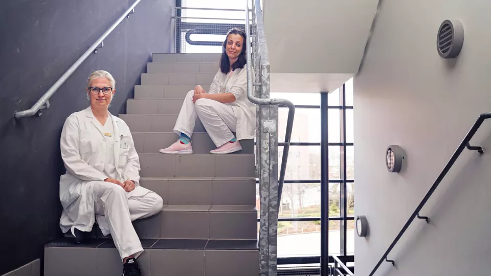 Åsa Petersén och professor i neurovetenskap och postdoktor Sanaz Gabery sittandes på behörigt corona-avstånd i trapphuset på biomedicinskt centrum i Lund. 