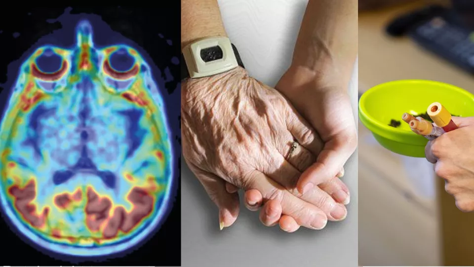 Ett fotokollage som visar hjärnavbildning, två händer som håller varandra och ett blodprov. 