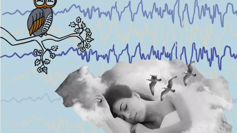 En person som ligger och sover omgiven av EEG-vågor. Illustration. 
