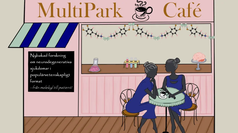 Två kvinnor sitter utanför ett café. Illustration. 