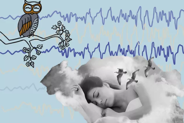 En person som ligger och sover omgiven av EEG-vågor. Illustration. 