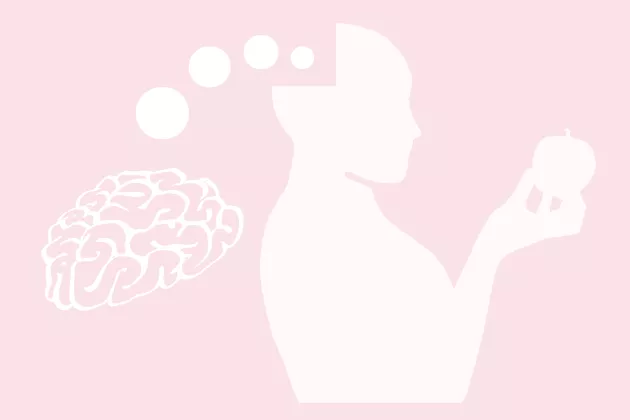 En person håller ett äpple och tänker på sin hjärna. Illustration. 